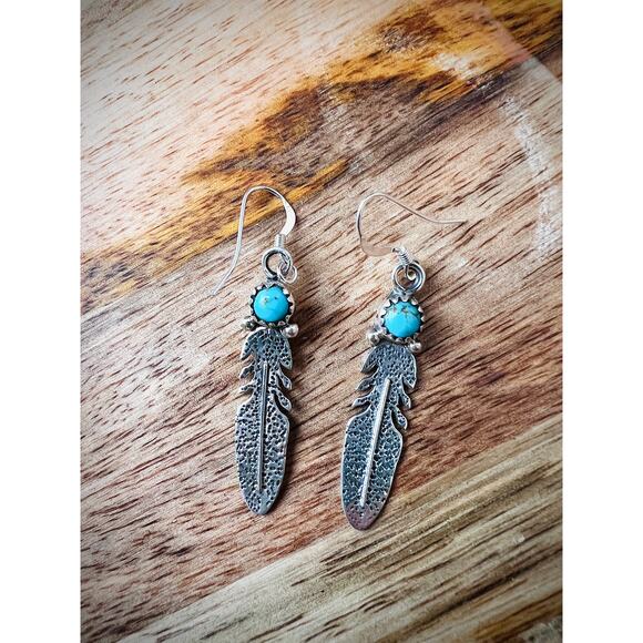 Sterling Silver Feather Earrings with Turquoise Dangles Native Style 925 - Picture 3 of 7